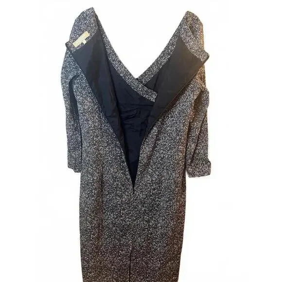 Michael Kors Collection Black Ivory Dress V Neck Long Sleeve Stretch Size 12 - Picture 6 of 9